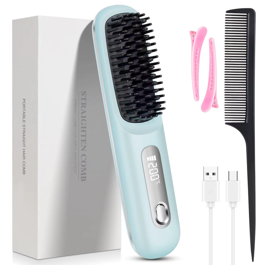 USB Charging Portable Hair Straightener Brush, Cordless Straightening Comb LED Display & Ceramic Coating, Ionic Technology